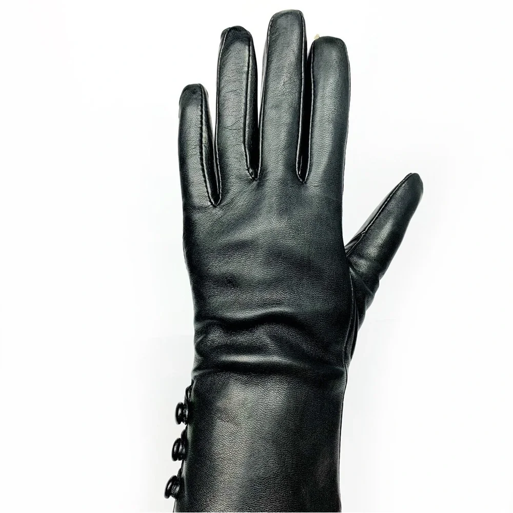 Sleek Black Authentic Leather Gloves With Real Off White Fur Lined Cuffs